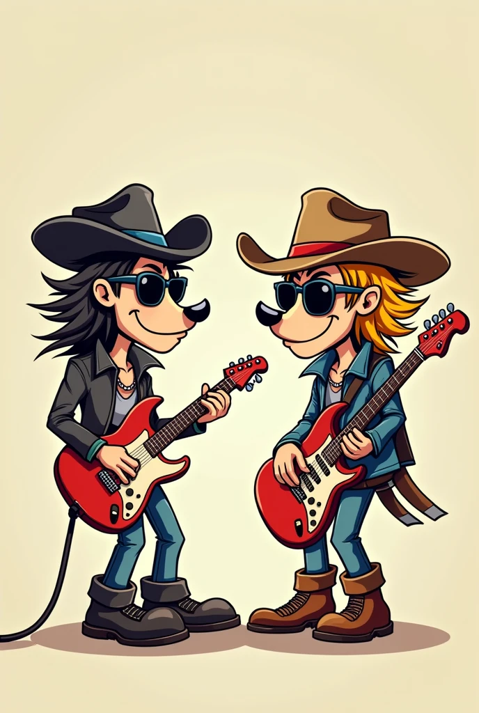 Two humanized chess pawn pieces without legs in cartoon style, Each of them dressed as rockstars with electric guitars, Sunglasses, messy hair and cowboy hats