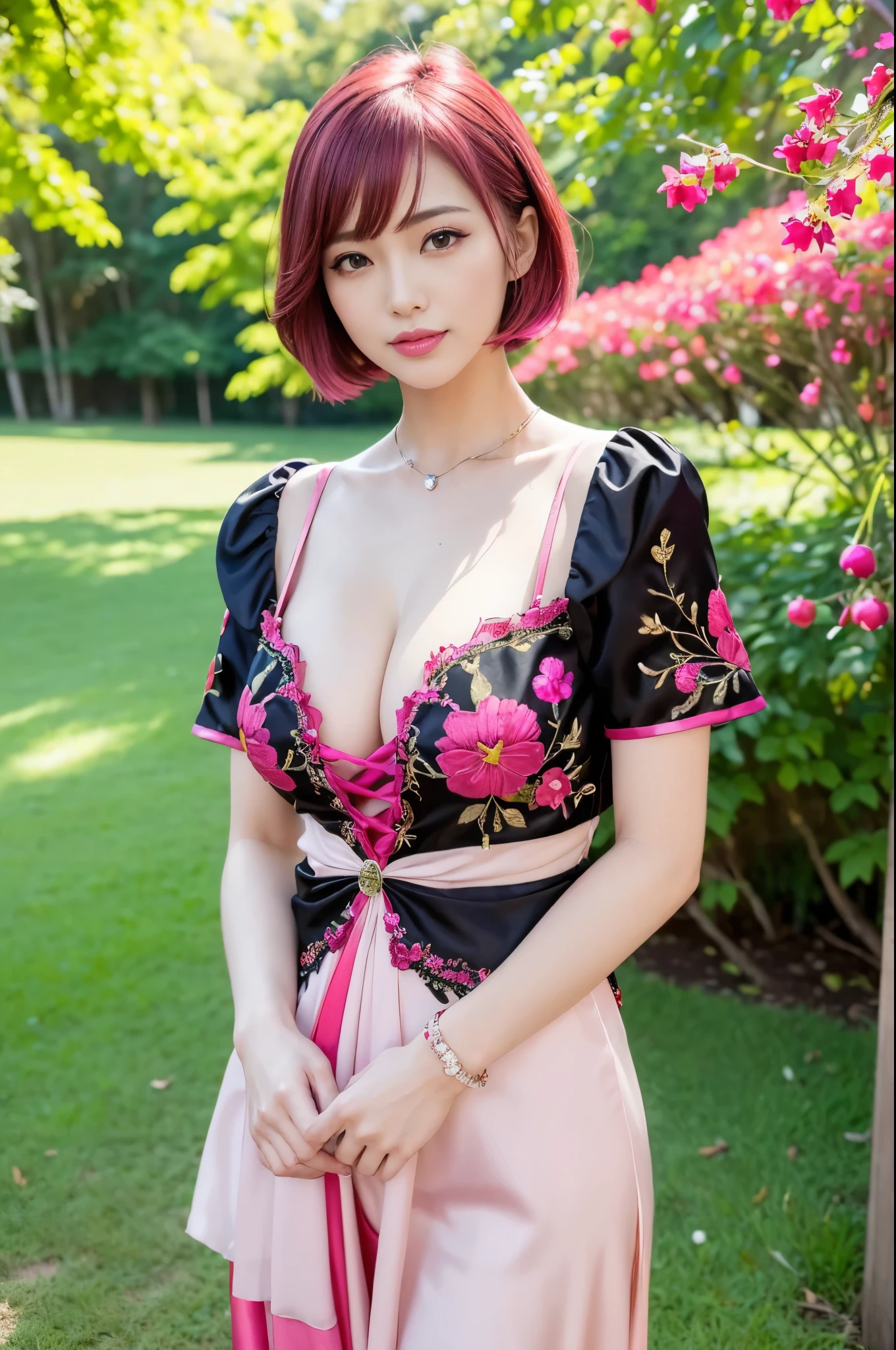 (masterpiece:1.4), (best quality:1.4), ultra high res, ultra high resolution, ((detailed facial features)), HDR, (realistic, photorealistic, photo-realistic:1.37), full body Esbian, sexy Vietnamese model, (-anime), vivid colors, ((vivid colors multicolor (red, pink, fuchsia) very short hair)), (happy smile), lip-gloss, long lashes, defined eyebrows, wearing large sparkling colorful jewelery, wearing a red silk Paradise Kiss cosplay dress with black floral embroidery, ((vivid colors outfit)), vivid colors, look at the camera, cinematic light, large park background with trees, sweet and sexy pose