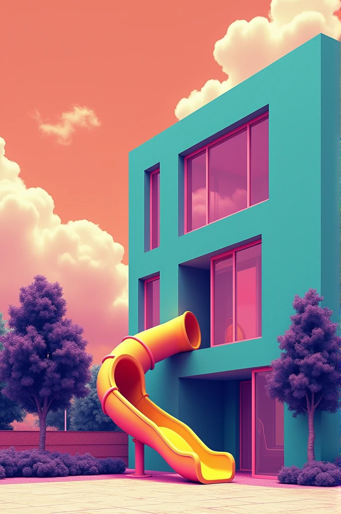 A drawing of a building that is in the corner of the image and only half of it is visible, The building has many transparent windows and next to it there is a slide with a small tunnel and two trees on each side of the slide., The ONLY colors you should use are purple, green and yellow since it is with the trichrome technique