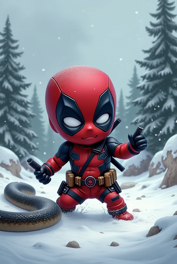 Create an image of a  Deadpool in the snow killing a snake 