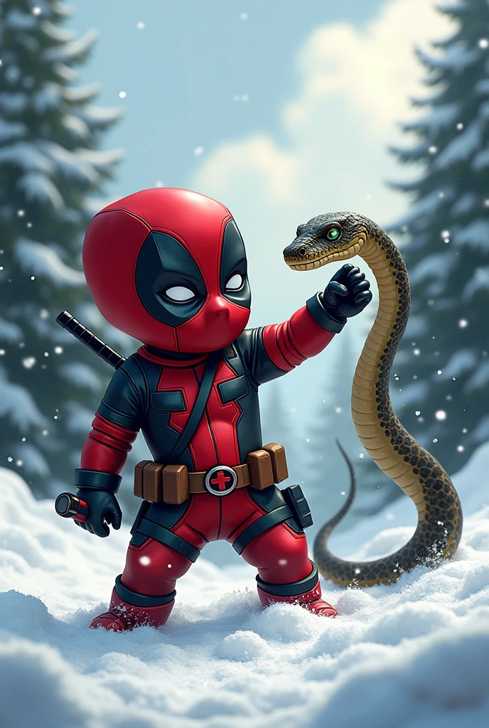 Create an image of a baby Deadpool in the snow killing a snake 