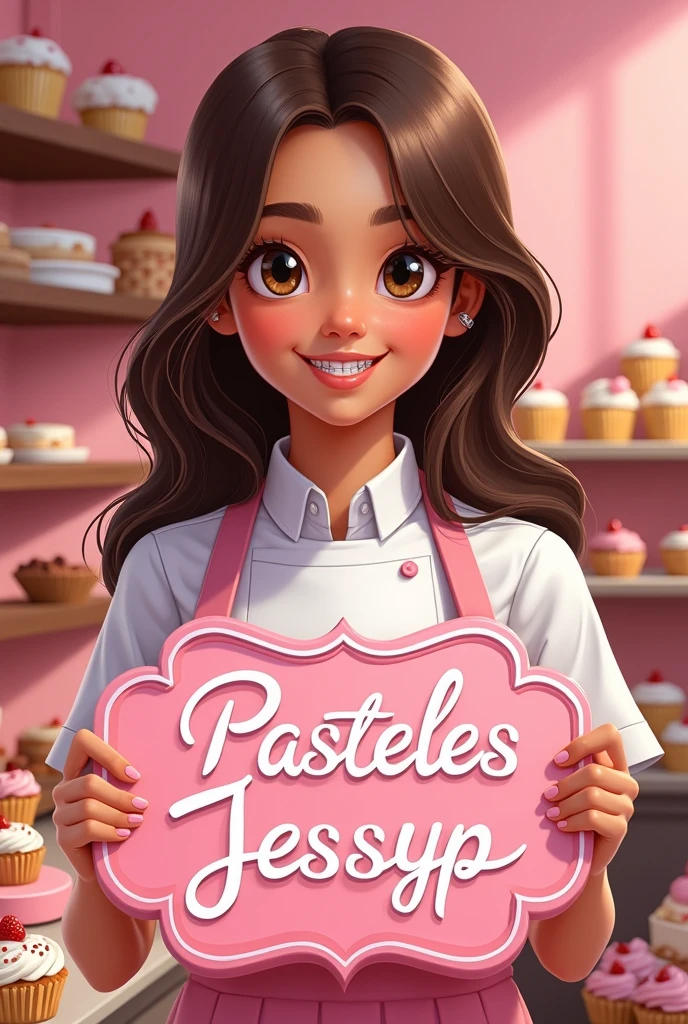 Pastry girl, light brown skin color, dark brown eyes,smiling with braces on teeth, long loose hair, hair with caramel balayage, with the sign “Pasteles JessyP” in pink flowery letters, Pink colour, around cakes, cupcakes