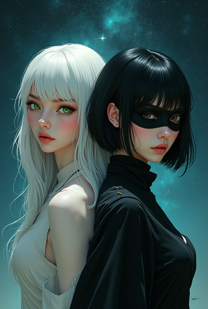 Two women,one with long white hair,green eyes and the other woman with short black hair with a black patch on her left eye ,in the space 