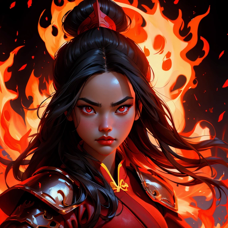 envision a 8k, highres, cinematic, close up beautiful portrait of a fierce girl named Azula with long black hair in a Chinese bun Red eyes, wearing a warrior robe with leather armor plates and fire effects against a dark background