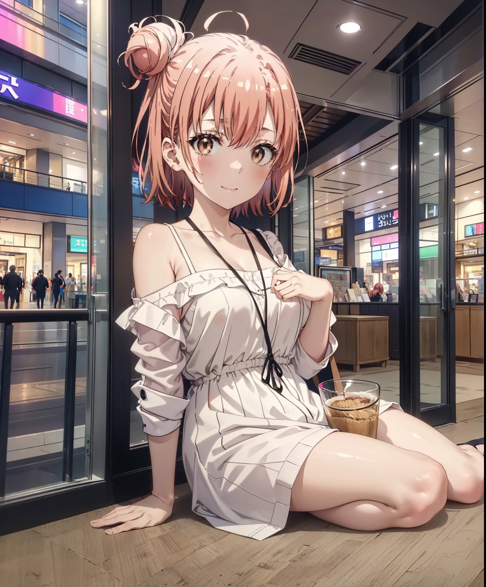 yuiyuigahama, yui yuigahama, short hair, (Brown eyes:1.5), (Pink Hair:1.2), Hair Bun, single Hair Bun,Big Breasts,smile,blush,Open your mouth,Off-the-shoulder dress,Bare shoulders,bare clavicle,Bare neck,Rocket Pendant,mini skirt,Cute heeled sandals,Daytime,Clear skies,Walking,whole bodyがイラストに入るように,
break indoors,Shopping mall,
break looking at viewer, whole body,
break (masterpiece:1.2), Highest quality, High resolution, unity 8k wallpaper, (figure:0.8), (Beautiful attention to detail:1.6), Highly detailed face, Perfect lighting, Highly detailed CG, (Perfect hands, Perfect Anatomy),