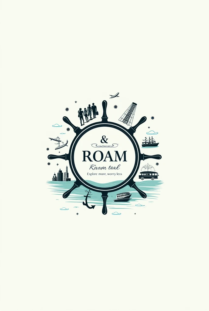 make me a clean, elegant logo of relax & roam travel with a vibe of relaxing vacations, anchor, cruise ship, travelers, guests, tour guides, island, travel bags, airplane, bus, sea water and the name of the company which is RELAX & ROAM TRAVEL and it's slogan "explore more, worry less" in a one steering wheel, like LOGO should be detailed and understandable