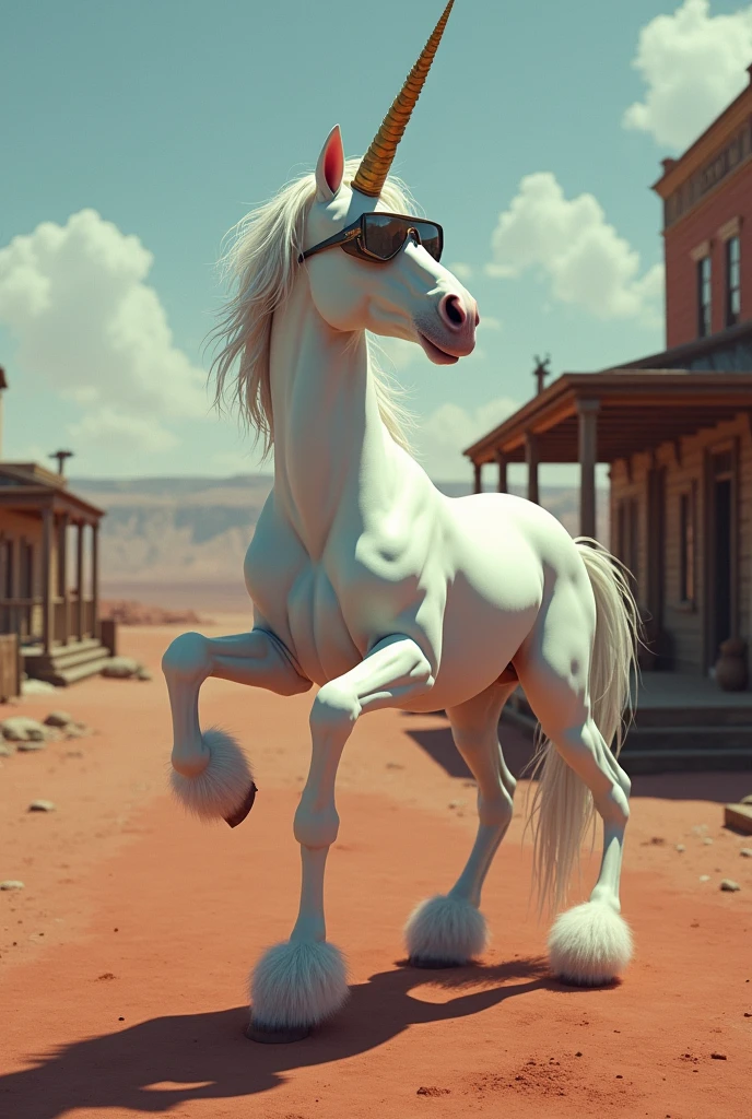 I would like a bipedal white unicorn with pointed sunglasses, and hands instead of hooves..I would like it to be in a mature style, and the art should be in a fantasy and RPG style set in the Old West.