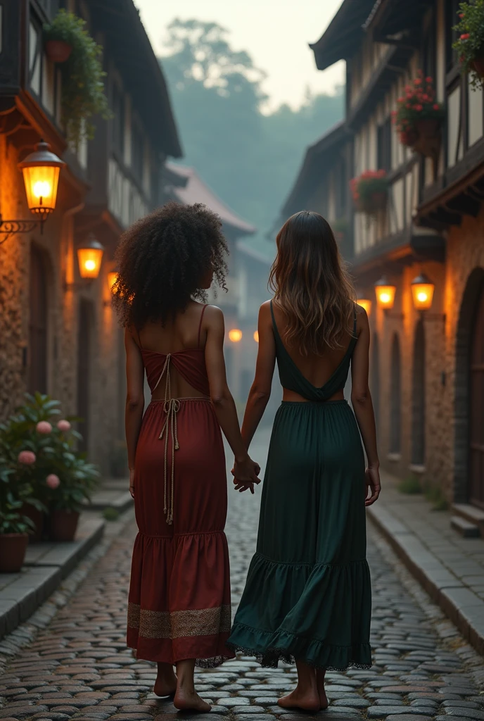 Generates the image of two girls during a walk in a medieval village in the evening dressed in and high heels and holding hands. One with curly hair and pimples shorter and uglier and the other with straight hair and big and provocative breasts