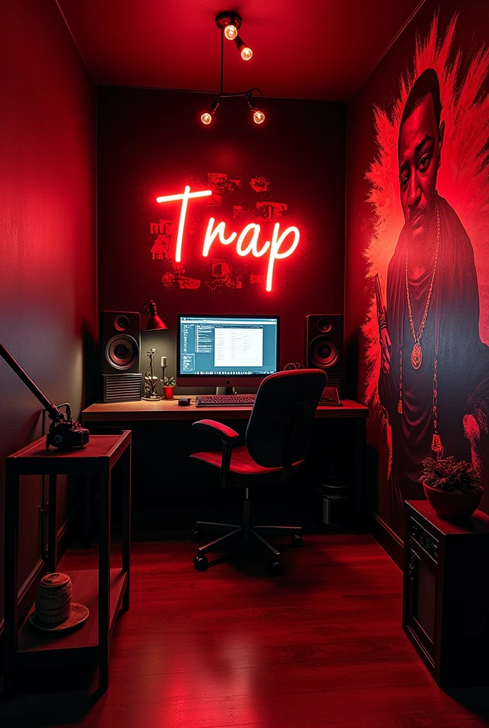 Create an image about this; I have a small room, it has four walls, I have a low budget but I want to remodel it with red and black colors to make a podcast, and also place the elements that are used in a podcast such as chair, furniture, lights, the podcast is called the trap on one of the walls make a graffiti of Biggie Smalls