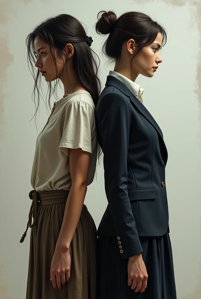 Make an image of two women who are different from each other, standing backwards, one being a simple peasant woman with loose hair and the other a secretary in a suit and with her hair tied up, both with serious expressions