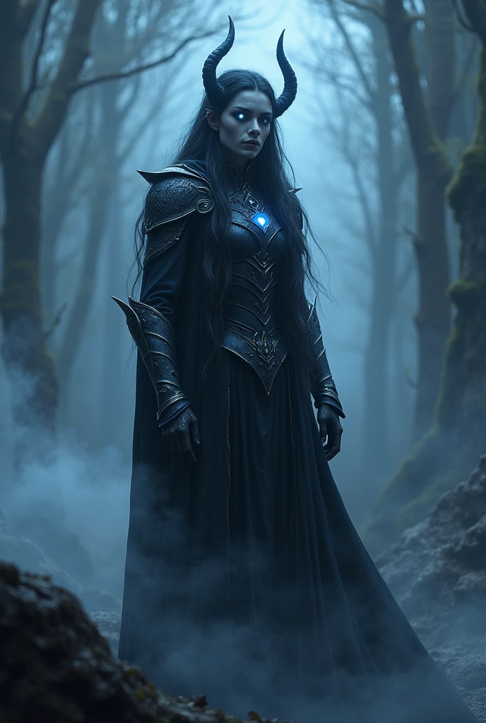 night elf, ((Masterpiece, best quality)), full body view, extremely detailed digital painting, cinematic lighting, mystical atmosphere, elegant posture, long hair, glowing eyes, intricate armor, fantasy landscape, dramatic scenery, moody colors, volumetric fog, dramatic lighting