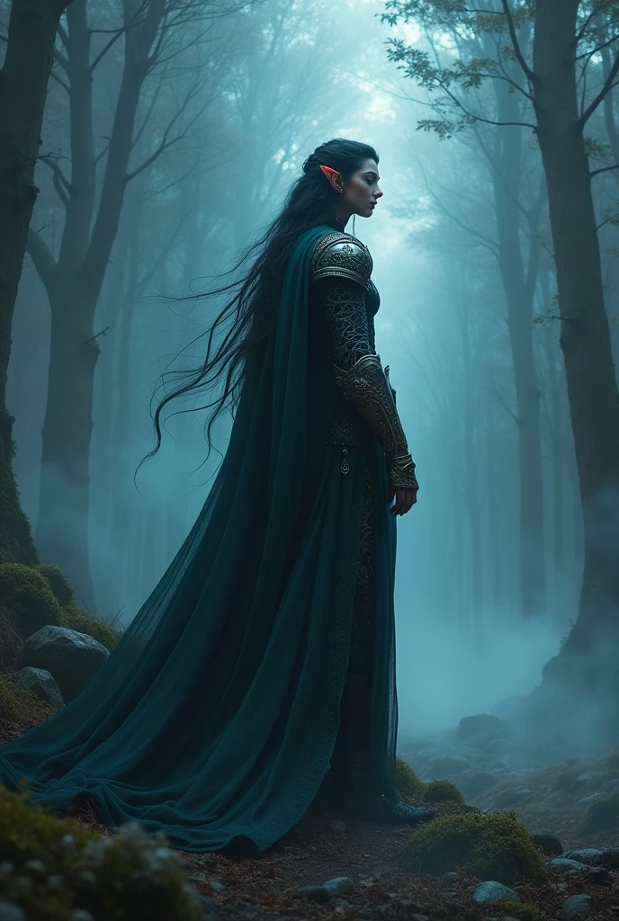 night elf, ((Masterpiece, best quality)), full body view, extremely detailed digital painting, cinematic lighting, mystical atmosphere, elegant posture, long hair, glowing eyes, intricate armor, fantasy landscape, dramatic scenery, moody colors, volumetric fog, dramatic lighting