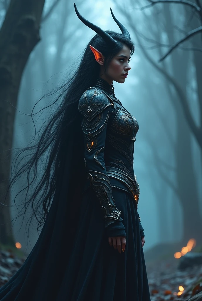 night elf, ((Masterpiece, best quality)), full body view, extremely detailed digital painting, cinematic lighting, mystical atmosphere, elegant posture, long hair, glowing eyes, intricate armor, fantasy landscape, dramatic scenery, moody colors, volumetric fog, dramatic lighting