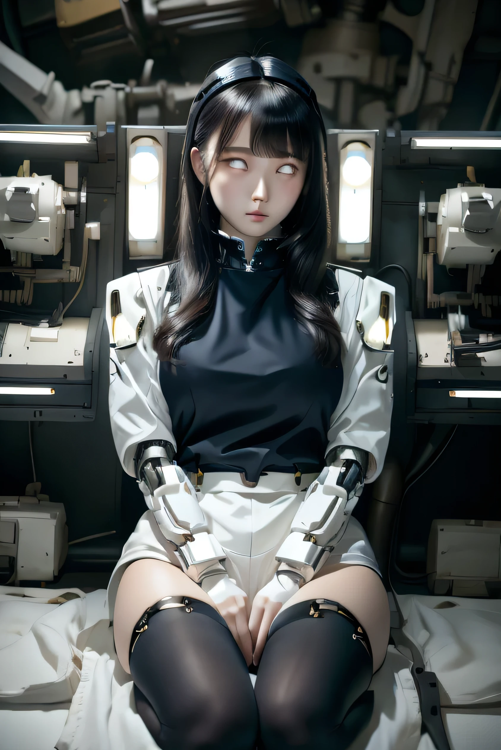 masterpiece, best quality, extremely detailed,8k portrait, Japanese android girl,Plump ,control panels,robot arms,robot,android,cyborg,white robot body,blunt bangs,robot repair plant,black knee high socks,(sleep mode:1.5)white eyes