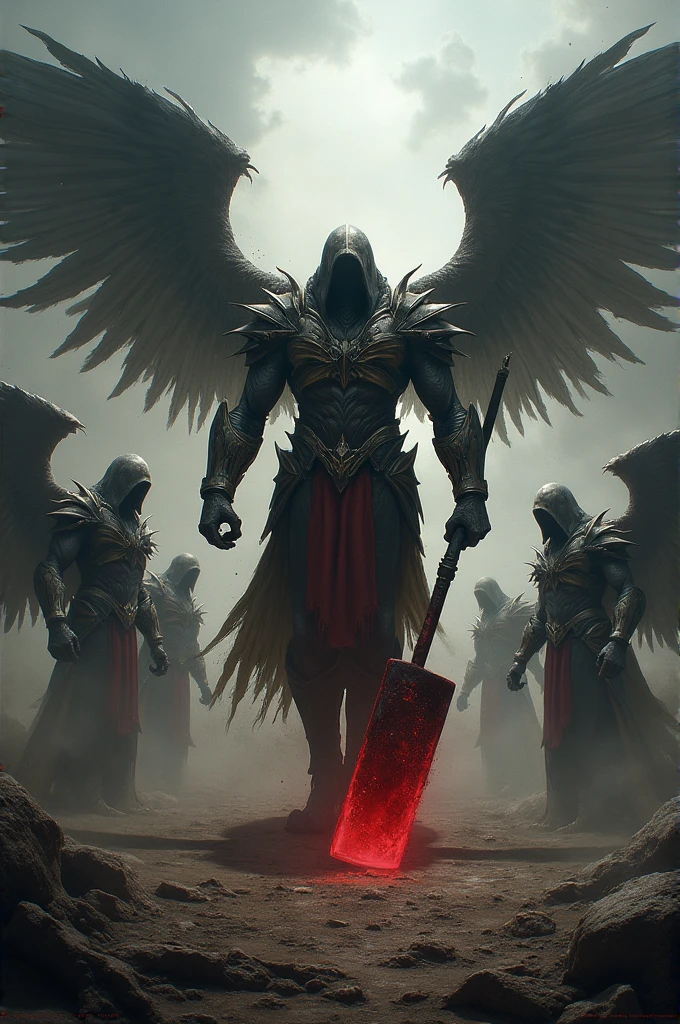 Fallen angel with a big red hammer, faced 4 other fallen angels