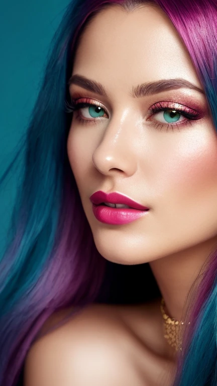Full body portrait of a beautiful ethereal woman, her very long magenta hair cascading down in soft waves, framing a face of extreme detail and elegance. Her eyes, big and colorful, boast three gradient teal shades of eyeshadow and eyeliner, accentuating her double eyelids and long lashes. Rosy cheeks adding a touch of warmth to her ethereal beauty, and her skins glossy texture shines in the cinematic light, highlighting each and every realistic pore and Wrinkle. Full lips adorned with golden glitter on her lipstick, complementing the magenta and teal jewels she wears around her neck and. highly detailed face, detailed face, perfect proportions, well-proportioned body of six heads, huge breasts, thin waist, navel, big butt , crotch gap, large thighs,