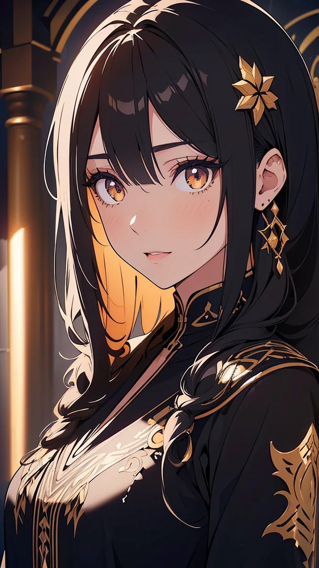 Girl1,(black long hair, Long eyelashes, curly hairstyle, Honey-colored eyes),(white eye shadow), (black Arabic abaya dress), (mouth open), (Highly detailed CG,module,8K wallpapers)،(Highest quality, high resolution, beautiful lighting, realistic shadow, high resolution)،(Detailed skin, highly detailed, detailed faces and eyes, realistic eyes)
