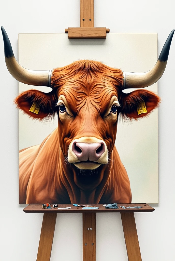 A REALISTIC PAINTING OF A BULL'S FACE INSIDE AN EASEL, water colour , modern abstract,high resolution,high quality