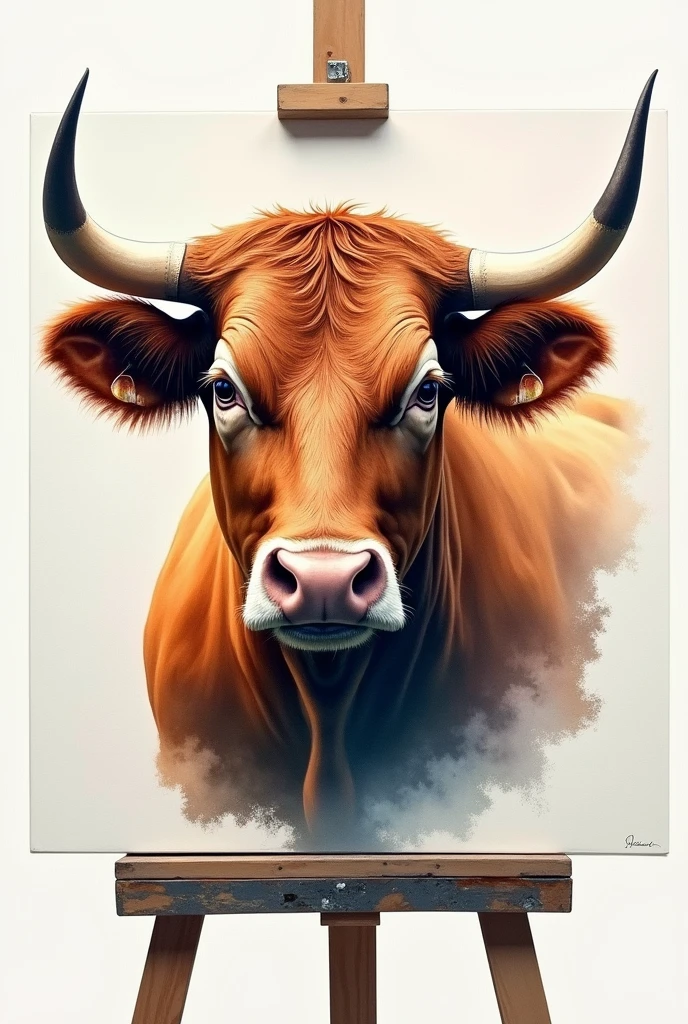 A REALISTIC PAINTING OF A BULL&#39;S FACE INSIDE AN EASEL, water colour , modern abstract,high resolution,high quality