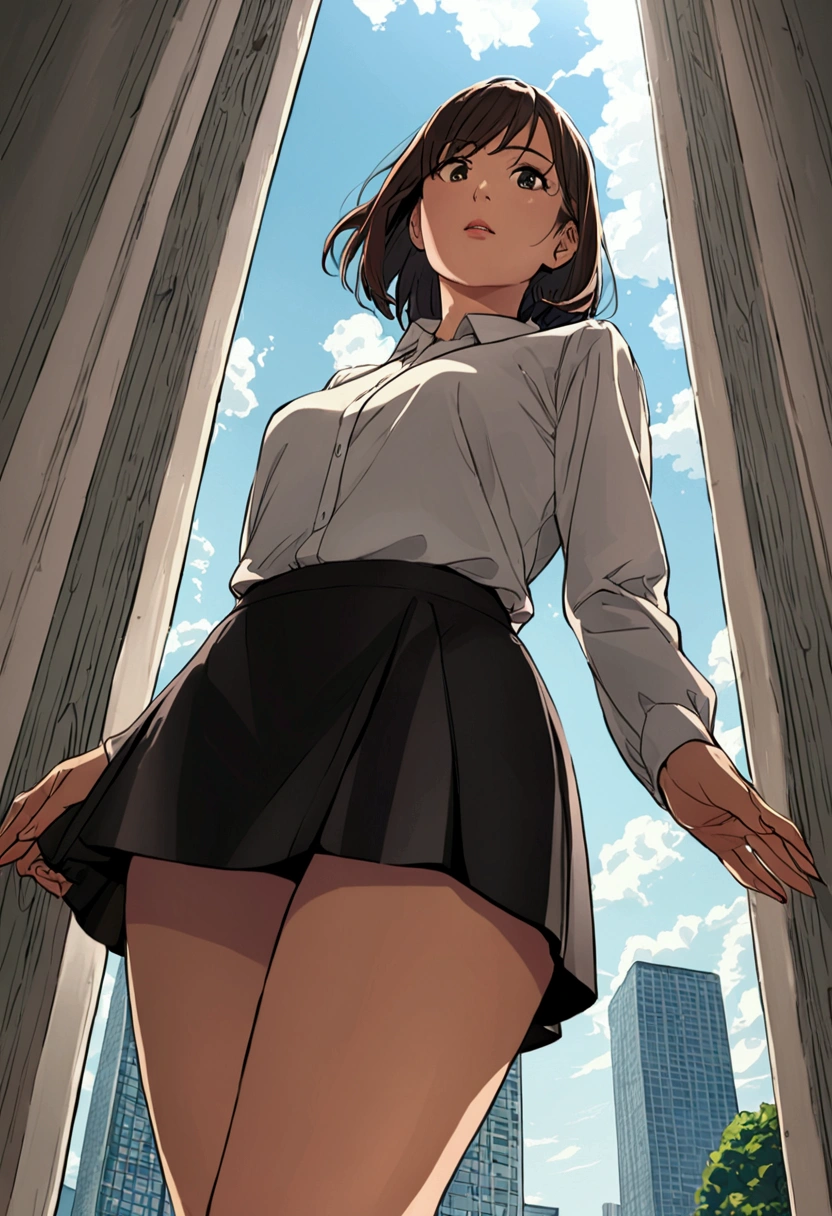 Woman wearing short skirt with view from below