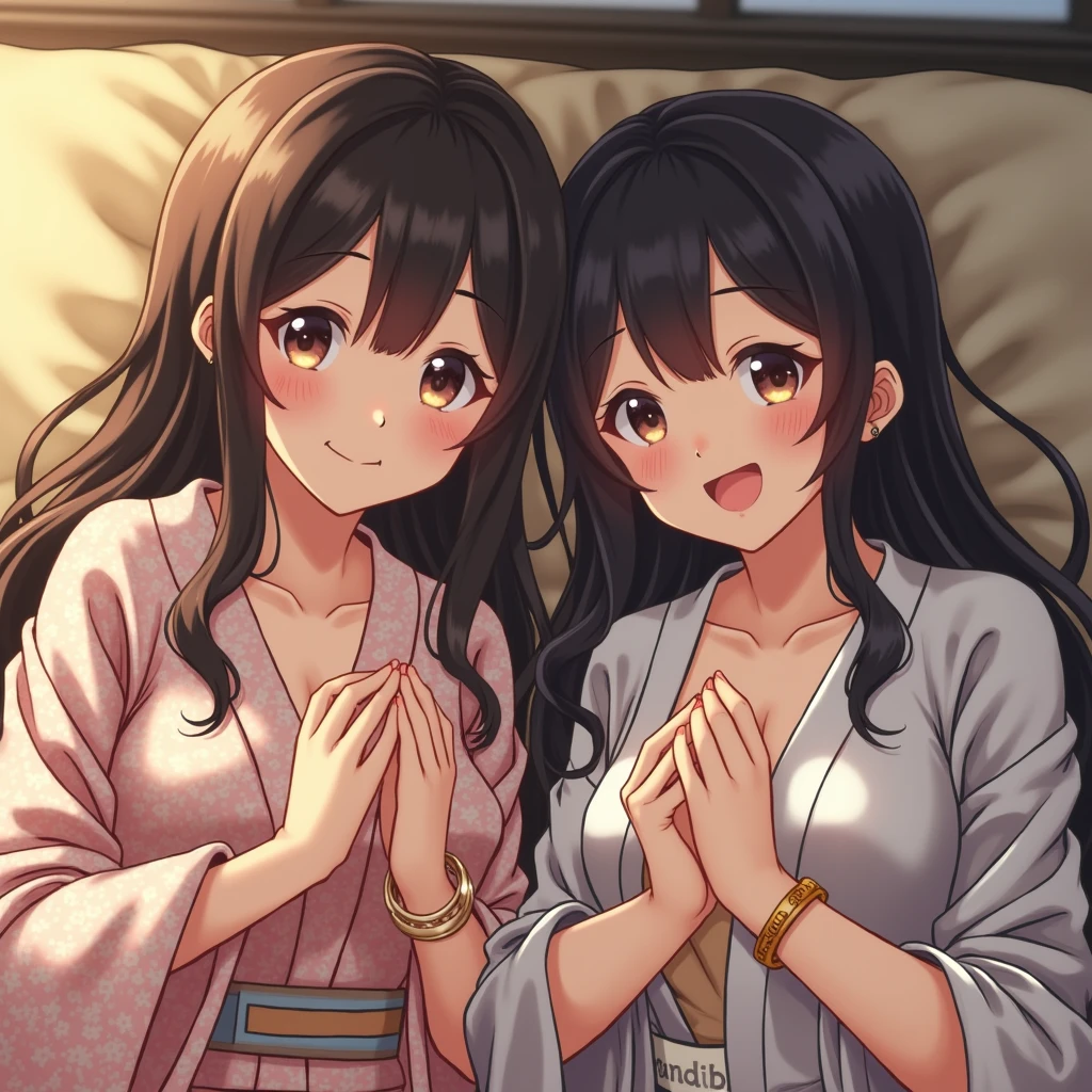 A very cute face like an idol、like々Cute 20-year-old identical twin sisters、Gentle and cute、A kind smile、(((Japanese Yukata)))、(night)、(((Sleeping on a futon in a Japanese-style room at a Japanese inn)))、((Cleavage、I can see your thighs))、((Full body portrait))、RAW Photos、Genuine、High resolution
