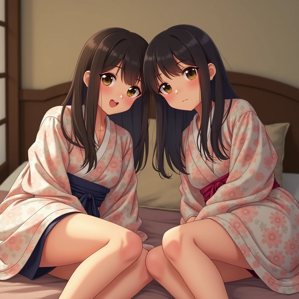 A very cute face like an idol、like々Cute 20-year-old identical twin sisters、Gentle and cute、A kind smile、(((Japanese Yukata)))、(night)、(((Sleeping on a futon in a Japanese-style room at a Japanese inn)))、((Cleavage、I can see your thighs))、((Full body portrait))、RAW Photos、Genuine、High resolution