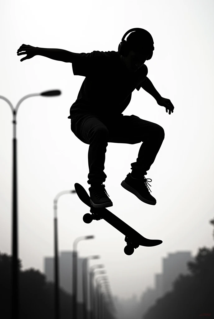 Silhouette image combining a jumping skateboard and headphones
