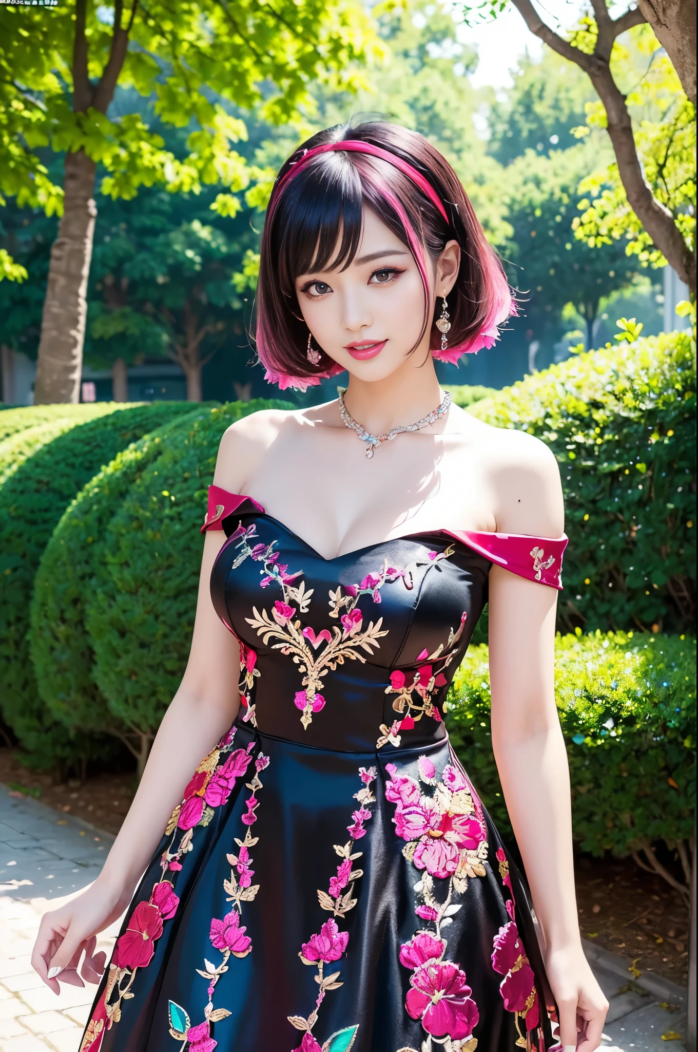 (masterpiece:1.4), (best quality:1.4), ultra high res, ultra high resolution, ((detailed facial features)), HDR, (realistic, photorealistic, photo-realistic:1.37), full body Esbian, sexy Vietnamese model, (-anime), vivid colors, ((vivid colors multicolor (red, fuchsia) very short hair)), (happy smile), lip-gloss, long lashes, ultra detailed metallic makeup, defined eyebrows, wearing large sparkling colorful jewelery, (wearing a red silk Paradise Kiss cosplay dress with black floral embroidery), ((vivid colors outfit)), vivid colors, look at the camera, cinematic light, large park background with trees, sweet and sexy pose