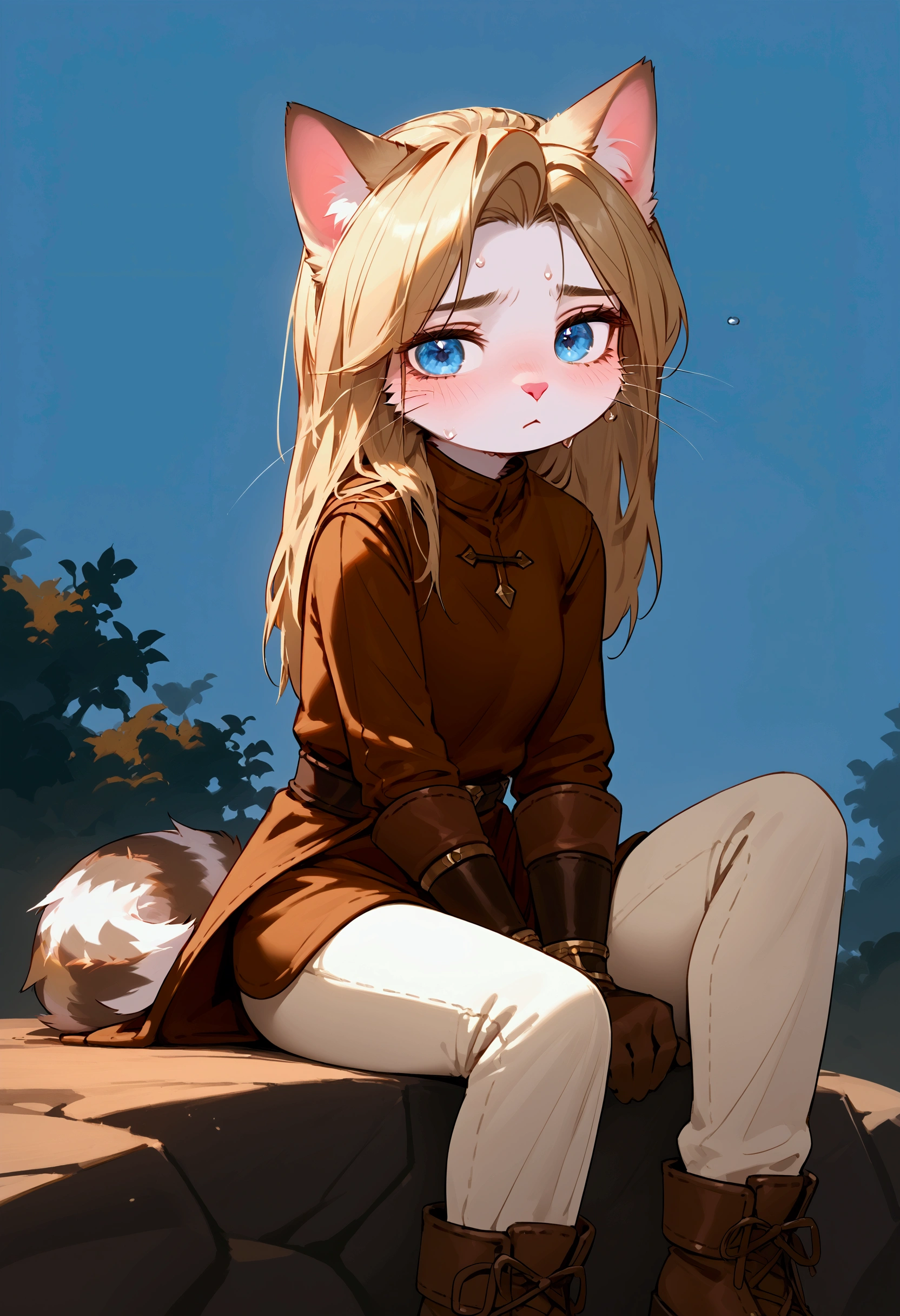 Solo,  score_9,score_8_up,score_7_up, source_furry, Kat, Anthro furry feline girl, tall body, hourglass figure, adult female, blue eyes, silver fur, blonde hair with pony tail, (striped tail), white whiskers, pink nose, wearing simple blue long sleeve tunic, brown leather gloves and bracers, light brown fitted pants, brown wedge heel boots, sitting on a large rock, exhausted expression, sad, tired, eyes half open, mouth open, visible sigh, she is sweating, simple outdoors background, hot sunny day, 