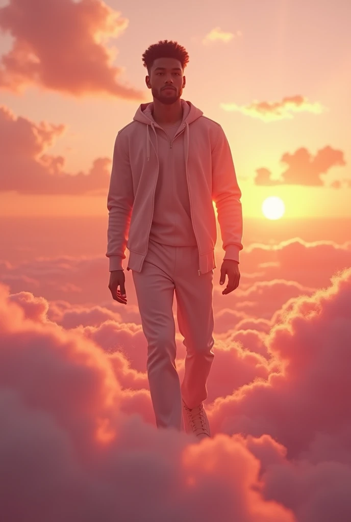 (photorealism:1.2), masterpiece, Best quality, super detail, ultra realism, super realism, 8k, sharp textures, detailed skin texture accurate anatomy, handsome brunette man walking on pink clouds, sunset in the background