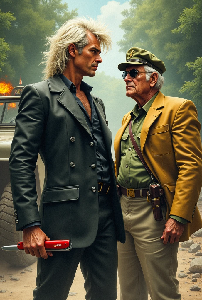 I want an illustration of Macgyver Richard Dean Anderson with long, white, slightly fat punk-cut hair and a red Swiss Army knife in his hand in a light green and dark green camouflage soldier suit without a gun. ,fighting Murdoc actor Michael Des Barres with big face and very short white hair, and dark glasses and with a suit and a sand-yellow military jacket and a sand-yellow cap, a military commander with a golden shield and a gun in his hand and in the background a jeep exploding.