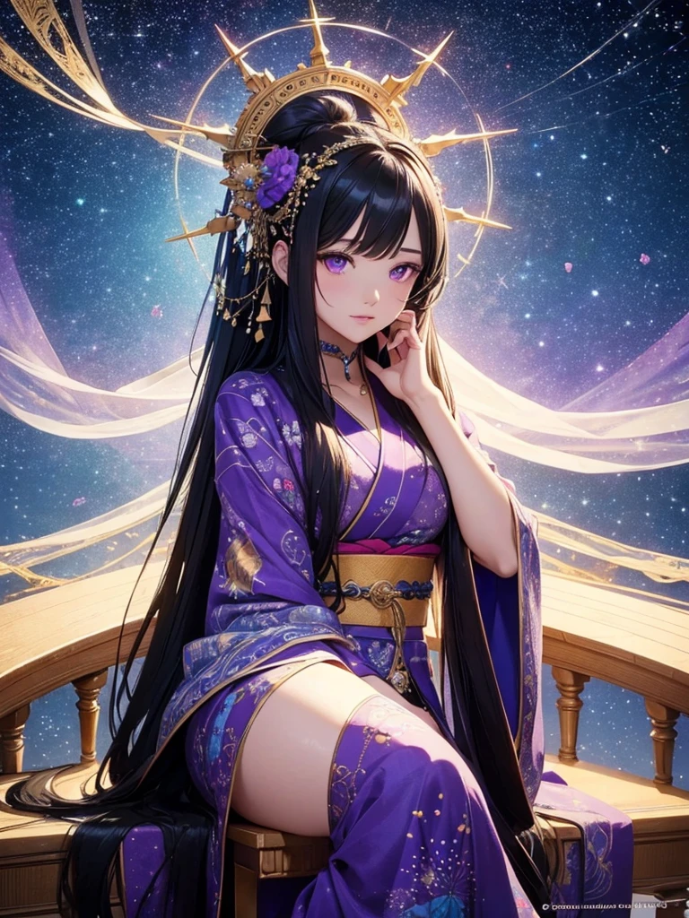 a beautiful detailed goddess with long flowing black hair, purple eyes, sitting on a mysterious chair, wearing a long starry kimono, gazing at the starry night sky, oracle, intricate detailed illustration, starry night background, (best quality,4k,8k,highres,masterpiece:1.2),ultra-detailed,(realistic,photorealistic,photo-realistic:1.37),cinematic lighting,dramatic atmosphere,vibrant colors,magical,ethereal,mystical,spiritual