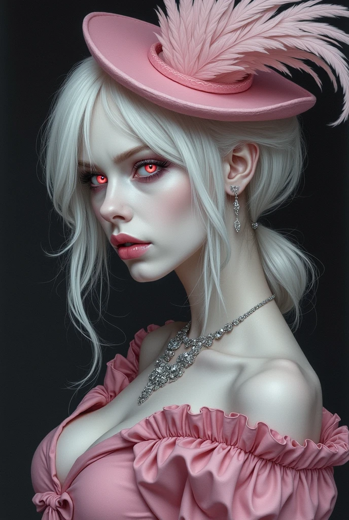 Dark and melancholic drawing style, woman with small eyes and evil expression, White hair, white eyelashes, very pale albino girl with pink eyes but very pale and dark. Feather hat partially covering her face and elegant pink duchess-like clothes filled with silver accessories, just so that his face can be seen in the image. Still the image must look dark and the girl&#39;s expression malevolent and mysterious. 