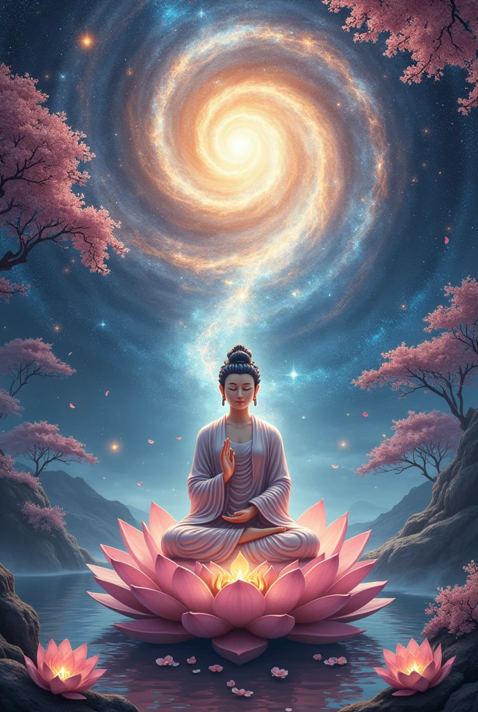 Kuan yin and Buddha in the universe, Cosmic, lotus flower, cherry trees