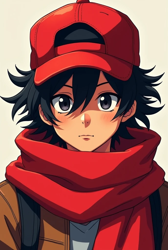 Fanart of an anime boy with black eyes, brown skin color, black hair color. He will be wearing a red cap, Red scarf