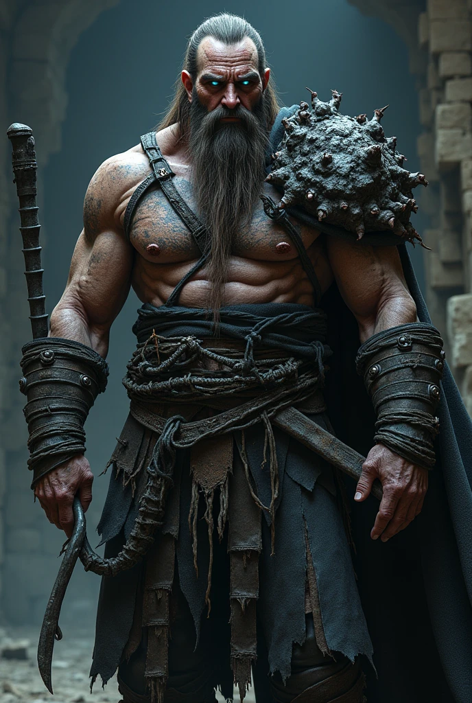Physical Features: Kjarin is a muscular and imposing Nord with pale, weathered skin. His long, matted brown hair and unkempt beard are stained with the blood of his victims. His eyes are an eerie, almost glowing blue, signifying his connection to Namira, and his face bears the scars of countless battles and rituals., Clothing: Kjarin wears a mix of Ancient Nord Armor and Iron Armor, adorned with trophies from his victims such as teeth, bones, and strips of leather. His armor is heavily worn and covered in grime, yet imbued with powerful enchantments to enhance his brutal combat style., UHD, retina, masterpiece, accurate, anatomically correct, textured skin, super detail, high details, high quality, award winning, best quality, highres, 1080P, HD, 4K, 8k, 16k