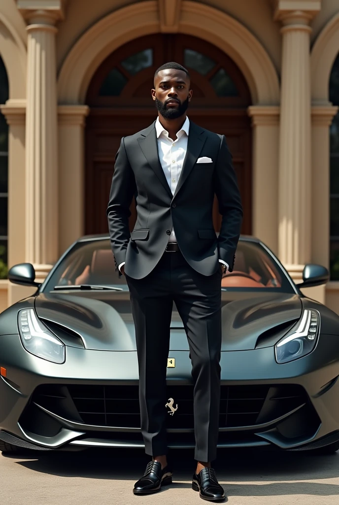 Black man in a Ferrari wearing a suit in front of a fancy place