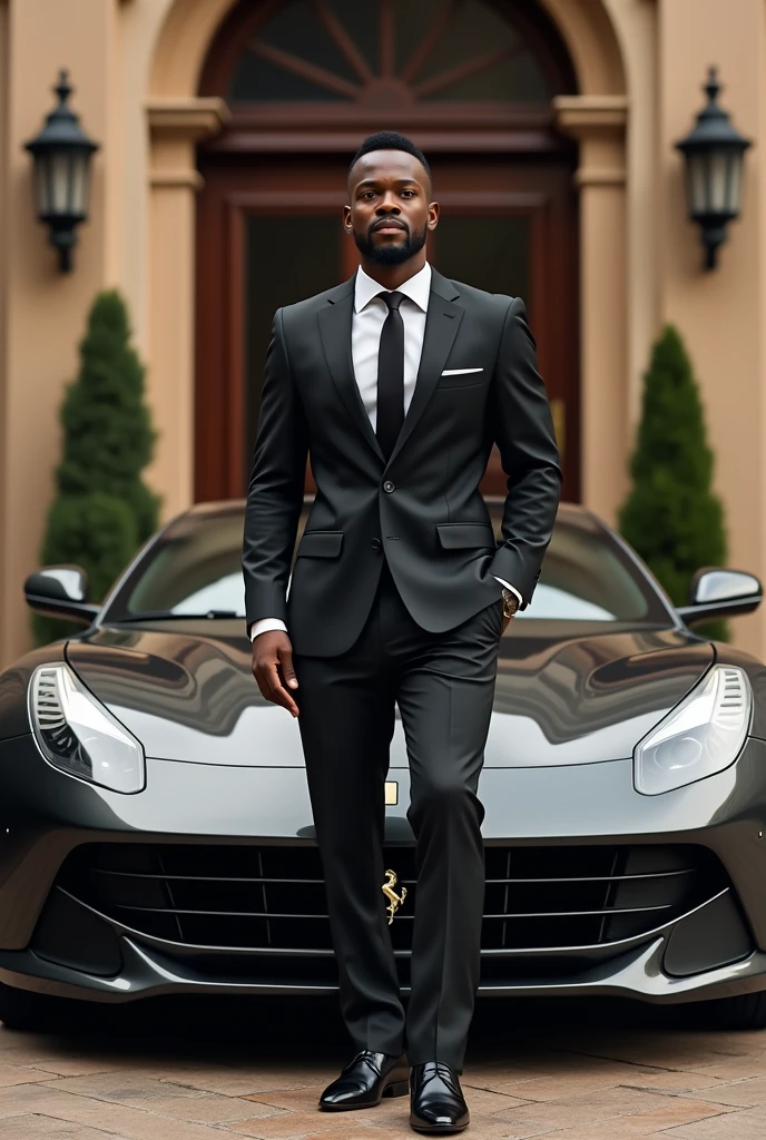 Black man in a Ferrari wearing a suit in front of a fancy place