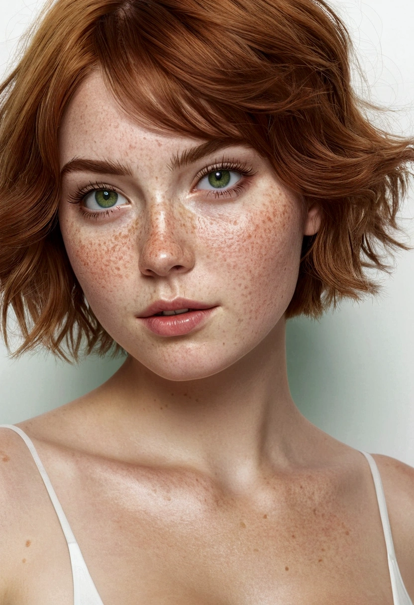 2 girl short hair to the waist big tits perky ass freckles green eyes  , hyperrealistic photo, and a white eyelash 