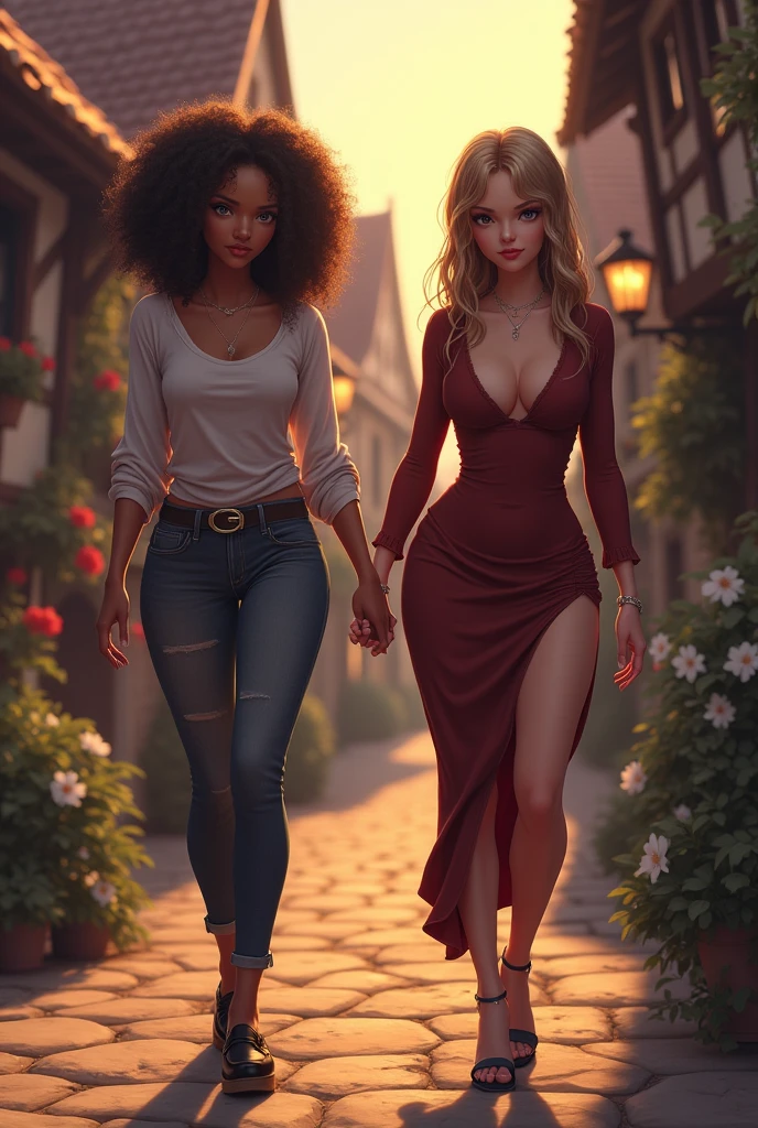 Generates the image of two unintelligent looking girls on a walk in a medieval village in the evening dressed in and high heels and holding hands. One ugly with curly hair and pimples and the other with straight hair, big and provocative breasts and accentuated curves