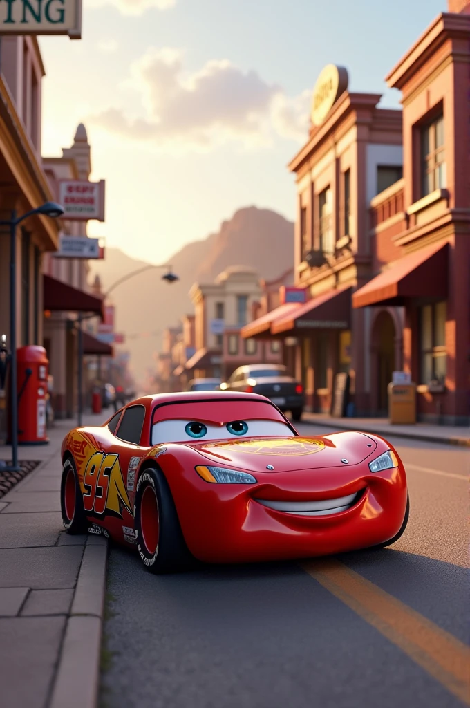 McQueen is in Radiator Springs, relaxing after a racing season.