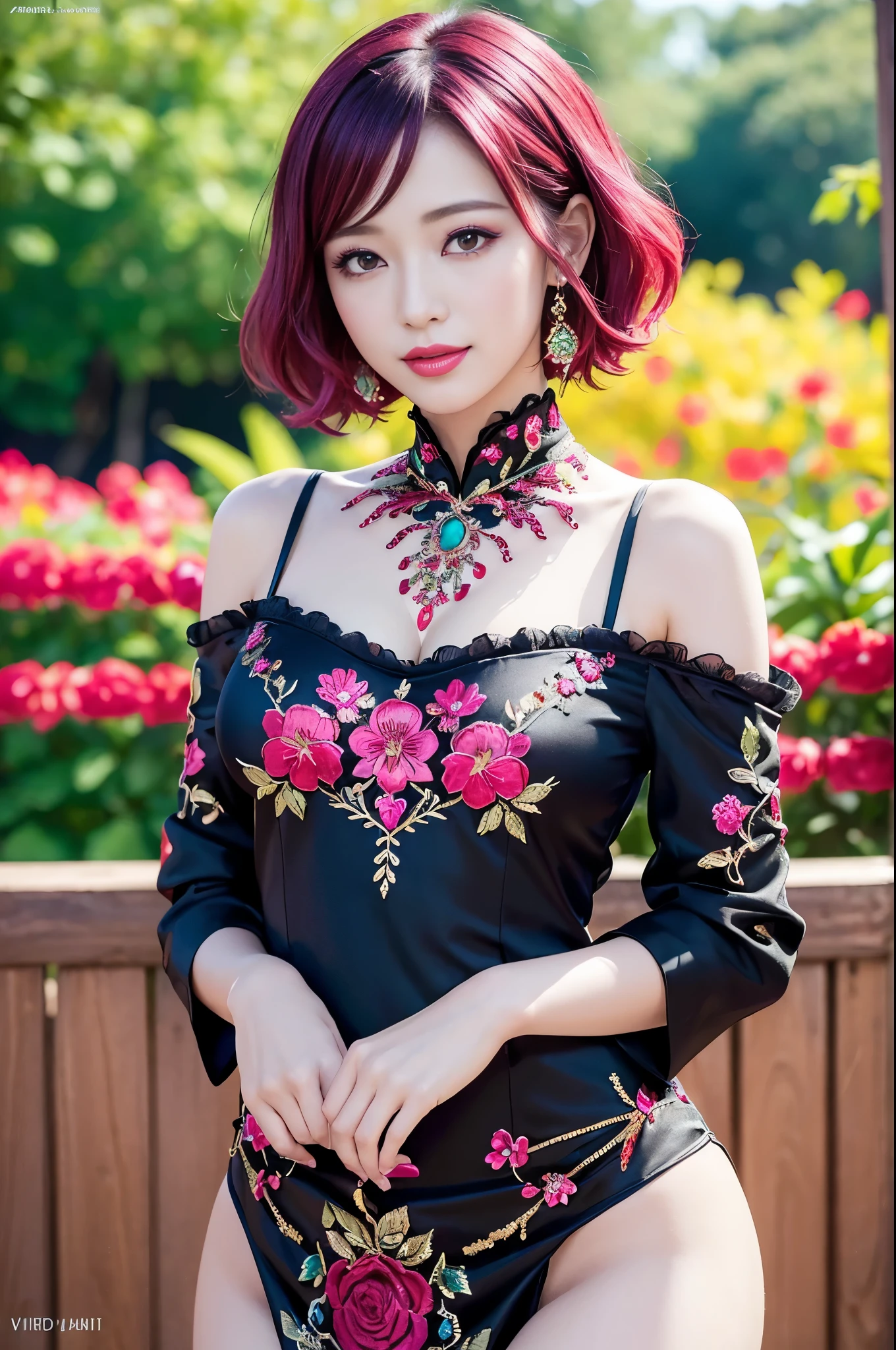 (masterpiece:1.4), (best quality:1.4), ultra high res, ultra high resolution, ((detailed facial features)), HDR, (realistic, photorealistic, photo-realistic:1.37), full body Esbian, sexy Vietnamese model, (-anime), vivid colors, ((vivid colors multicolor (red, fuchsia) very short hair)), (happy smile), lip-gloss, long lashes, ultra detailed metallic makeup, defined eyebrows, wearing large sparkling colorful jewelery, (wearing a red silk Paradise Kiss cosplay dress with black floral embroidery), ((vivid colors outfit)), vivid colors, look at the camera, cinematic light, large park background with trees, sweet and sexy pose