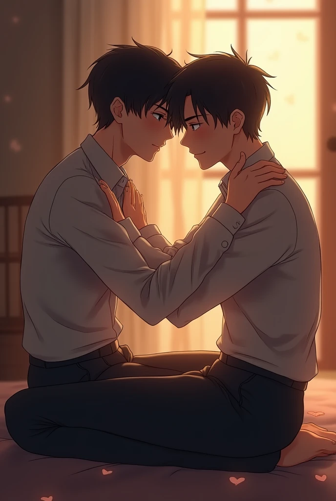 A 170cm tall man with short black hair parted in the middle is sitting on the floor.、An illustration showing the whole body of a man sitting on the man's lap, with a 163cm tall man with medium-length hair and a center parting, facing each other and hugging