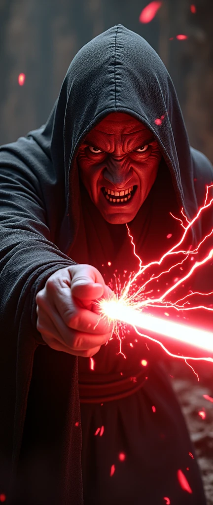 A photorealistic depiction of a furiously raging Sith lord, his face contorted in wrath, power emanating from his outstretched hands in crackling lightning bolts towards the viewer. The image is rendered in exquisite detail, with realistic textures and lighting that make the scene feel almost lifelike. The Sith lord's menacing appearance is heightened by the vivid, electric sparks illuminating the dark surroundings, creating a striking contrast between light and darkness. Every fold of his dark robes, every twitch of his facial muscles, is captured with uncanny realism, drawing the viewer into the intense, high-stakes moment.