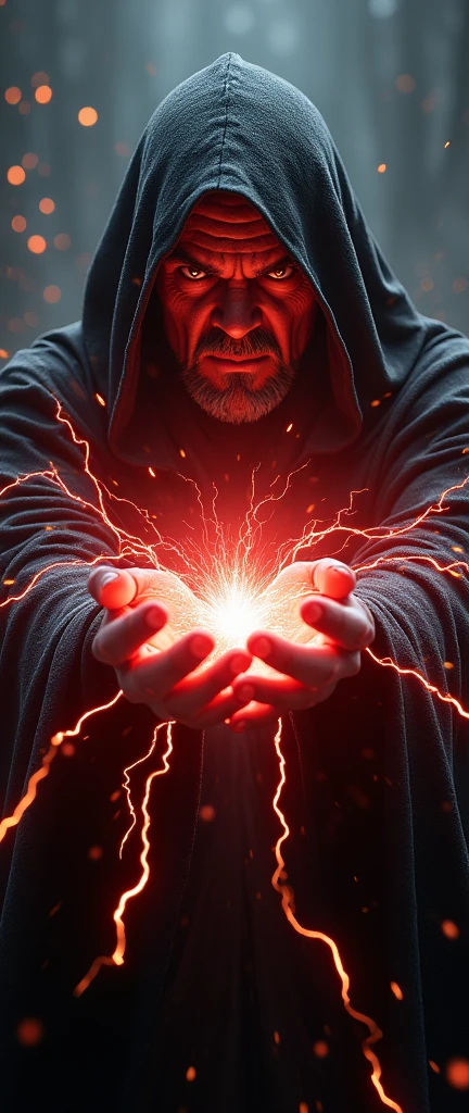 A photorealistic depiction of a furiously raging Sith lord, his face contorted in wrath, power emanating from his outstretched hands in crackling lightning bolts towards the viewer. The image is rendered in exquisite detail, with realistic textures and lighting that make the scene feel almost lifelike. The Sith lord's menacing appearance is heightened by the vivid, electric sparks illuminating the dark surroundings, creating a striking contrast between light and darkness. Every fold of his dark robes, every twitch of his facial muscles, is captured with uncanny realism, drawing the viewer into the intense, high-stakes moment.