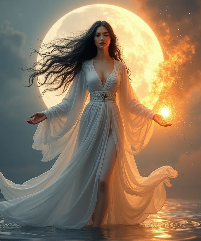 (A serene and powerful goddess:1.4), (((embodying the balance of yin and yang:1.5))), (half of her form bathed in soft, cool moonlight:1.2), (the other half glowing with warm, golden sunlight:1.4), (((long, flowing hair blending black and white strands:1.5))), (((elegant robes with intricate patterns representing both darkness and light:1.5))), (floating gently above a calm, reflective pool:1.4), (((one hand holding a glowing orb of yin energy:1.5))), (the other holding an orb of yang energy:ntle smile on her face symbolizing harmony:1.4), (surrounded by swirling elements of fire and water, earth and air:1.4), (((background of a tranquil, twilight sky merging day and night:1.4))), (delicate and highly detailed  features:1.4), (symbolic imagery of balance and duality woven into her attire:1.4), (soft, ethereal light illuminating her form:1.3), (highly detailed and balanced composition:1.4), (surreal, dreamlike atmosphere:1.3), (vibrant and harmonious color palette:1.4)
