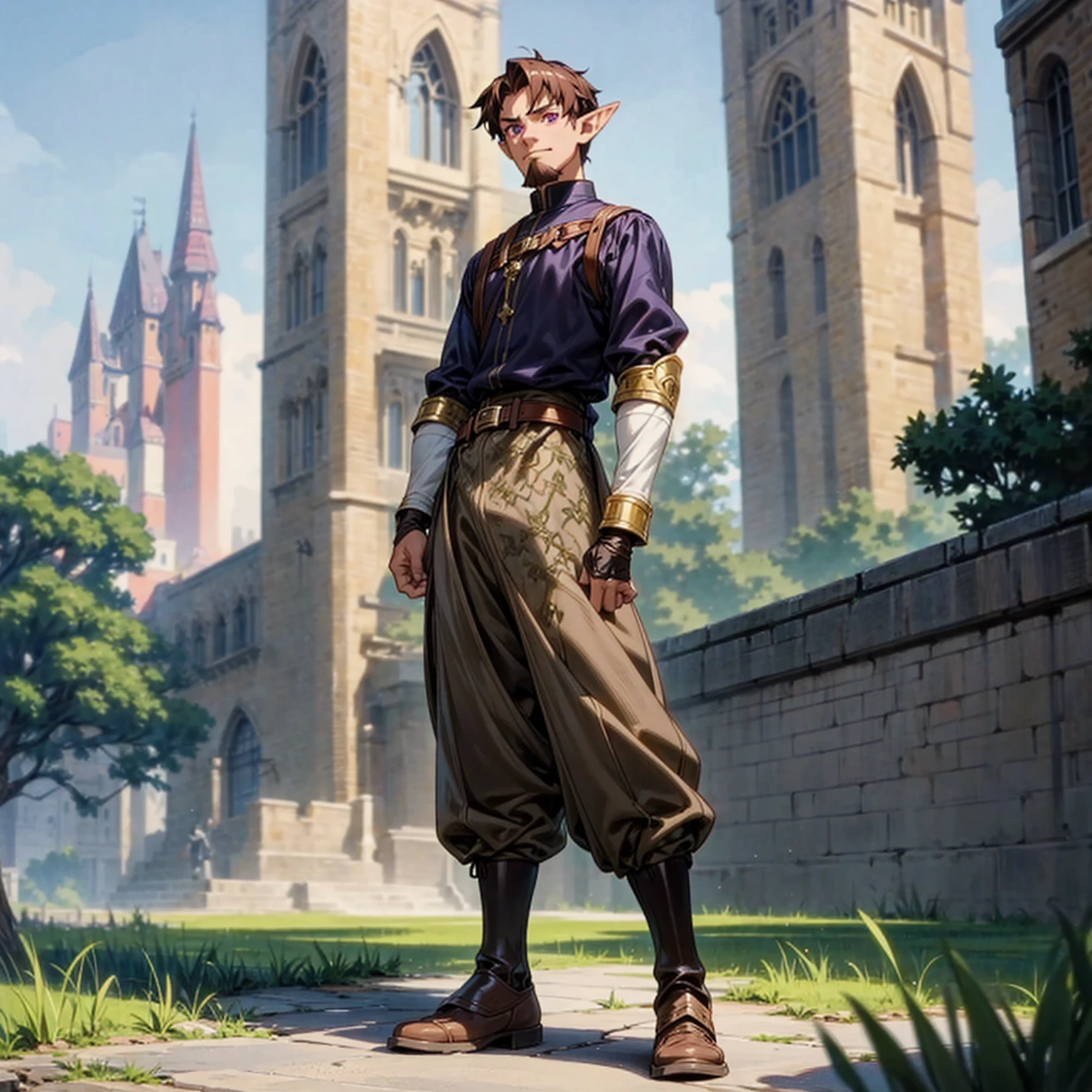 Solo character, full body version, middle aged man, chin beard, tall height muscle, (elf), purple eyes, brown color hair, undercut hair, black shirt, brown long pants, Boots, belt, outdoor, park, town, medieval, standing gesture, detailed background, detailed clothing, detailed hair, (Makoto shinkai style art), gold armor