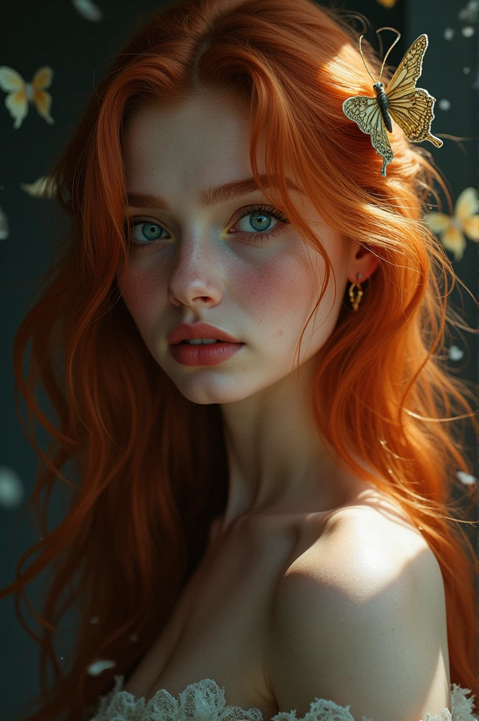 (solo, full body photo:1.3), (action packed:1.3), (haze, fog, mist:1.3), chiaroscuro, best quality, photorealistic, 1woman, (cute), (24yo:1.2), redhead, long ginger hair highly detailed, 1700'S, digital photography, art by artgerm and ruan jia and greg rutkowski surreal painting gold butterfly filigree, broken glass, (masterpiece, sidelighting, finely detailed Fashionable eyes: 1.2) (perfect oval large eyes that gazes at the viewer), beautiful detailed face, blue gorgeous perfect eyes, (blonde hair ponytail), (attractive young woman:1.3), (thick amazing hair), (seductive:1.1), (blushing:1.1)