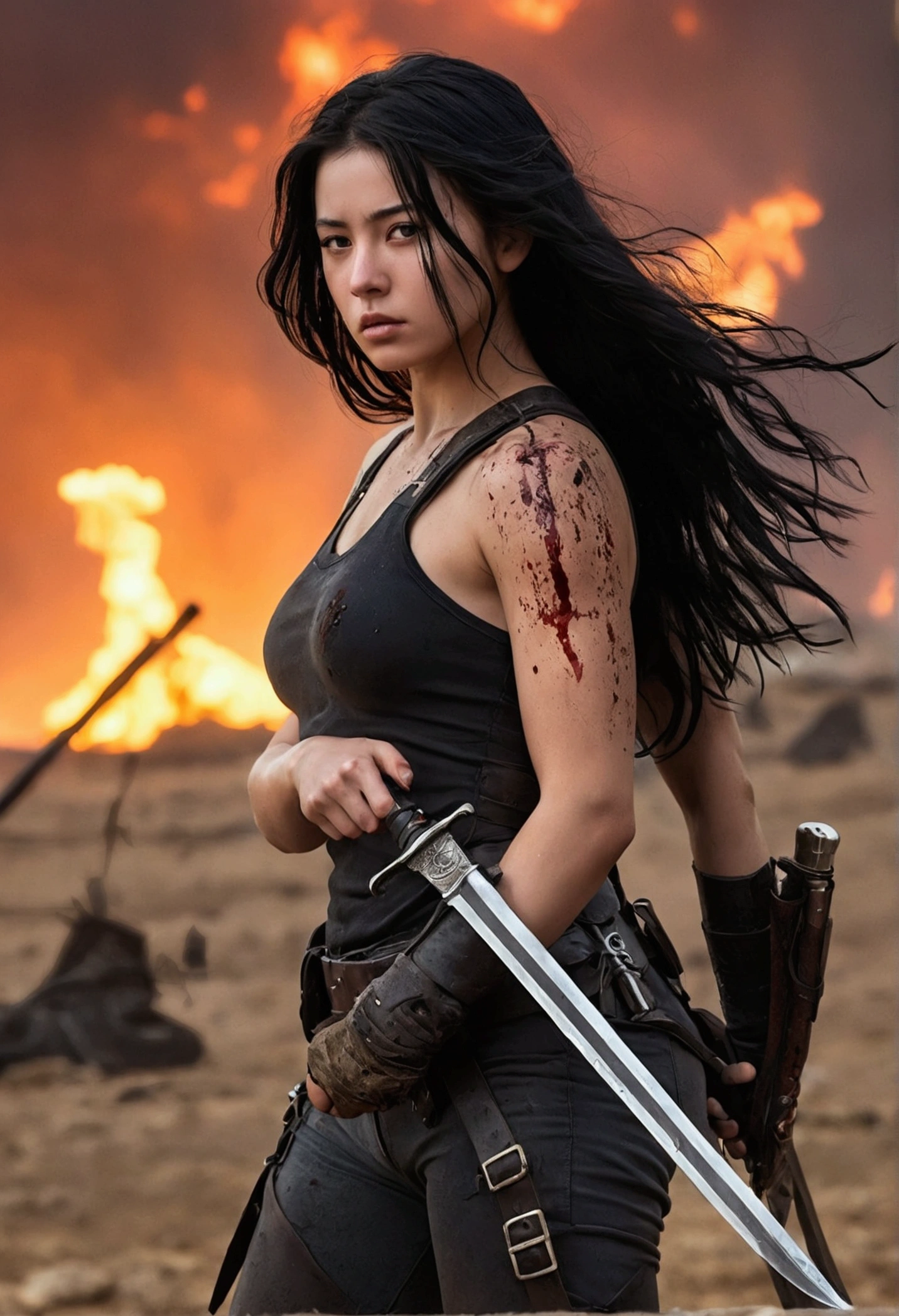 A lean, sexy white age girl with long, jet-black hair cascading down her sweat-drenched back, standing tall yet weary in the aftermath of an intense battle. Her youthful beauty is accentuated by the stark contrast of her flawless skin against the grime and dirt that cling to her toned physique. She wears a shredded and tattered military outfit that barely covers her, revealing a black g-string that clings to her hips, emphasizing her undeniable sex appeal. Her eyes, though exhausted, gleam with the fierce determination of a warrior. In the background, the remnants of the battlefield are illuminated by the fading embers of a fiery sunset, creating a dramatic and surreal atmosphere. Her bruised and blood-speckled body tells the story of the fierce combat she's endured, yet she stands proudly, a testament to her unyielding spirit. Her right hand grips a battle-worn sword, its blade still gleaming with the reflection of the dying light, while her left hand rests on her hip, fingers curled around a pistol holster. The image exudes a blend of vulnerability and power, leaving the viewer captivated by the narrative of this unconventional and alluring heroine.