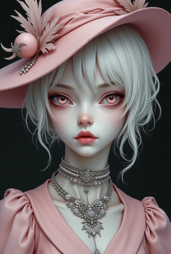 Dark and melancholic drawing style, woman with small eyes and evil expression, short, loose white hair, white eyelashes, very pale albino girl with pink eyes but very pale and dark. Feather hat partially covering her face and elegant pink duchess-like clothes filled with silver accessories, just so that his face can be seen in the image. Still the image must look dark and the girl's expression malevolent and mysterious.